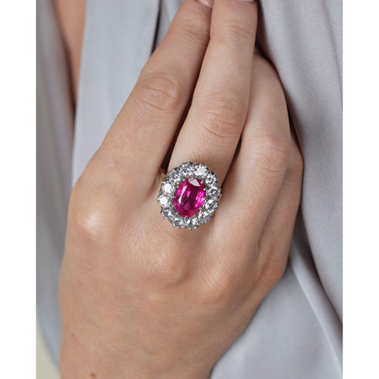 Art Deco AGL Certified No Heat 5.52 Carat Oval Cut Burma Ruby and Round Diamond Halo Ring