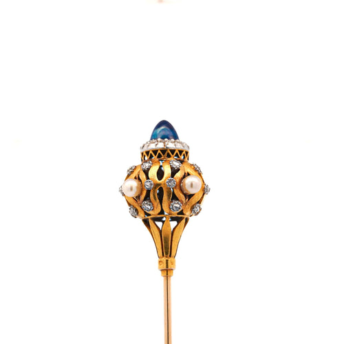 Art Deco Era Cabochon-Cut Blue Sapphire, Pearl, and Diamond HairPin