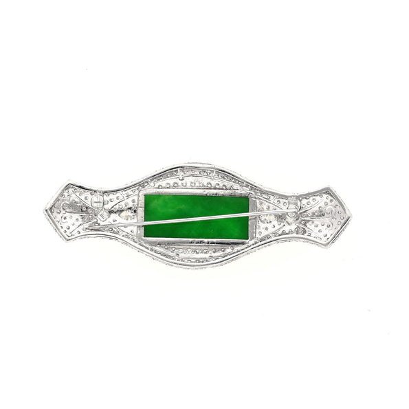 Art Deco Jadeite and Diamond Brooch Pin 18K White Gold