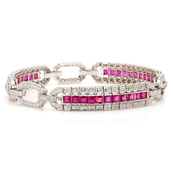 Art Deco Square Cut Ruby & Diamond Pave in 18K White Gold Link Tennis Bracelet