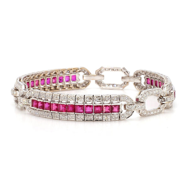 Art Deco Square Cut Ruby & Diamond Pave in 18K White Gold Link Tennis Bracelet