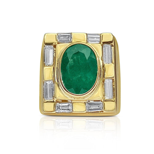 Bezel Set 4-5 Carat Oval Cut Emerald & Baguette Diamond Mens Ring