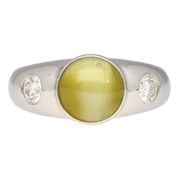 Bezel Set Chrysoberyl Cat's Eye and Diamond Three Stone Ring in 18K White Gold – Assay Jewelers