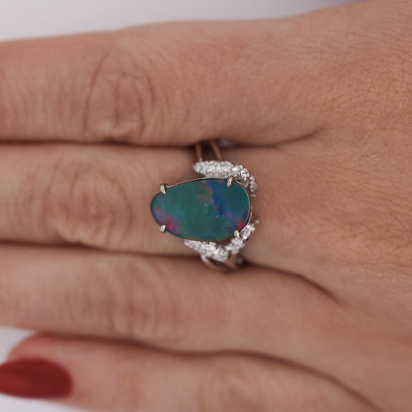 Black Opal Doublet & Diamond Pave Shoulder 14K White Gold Statement Ring