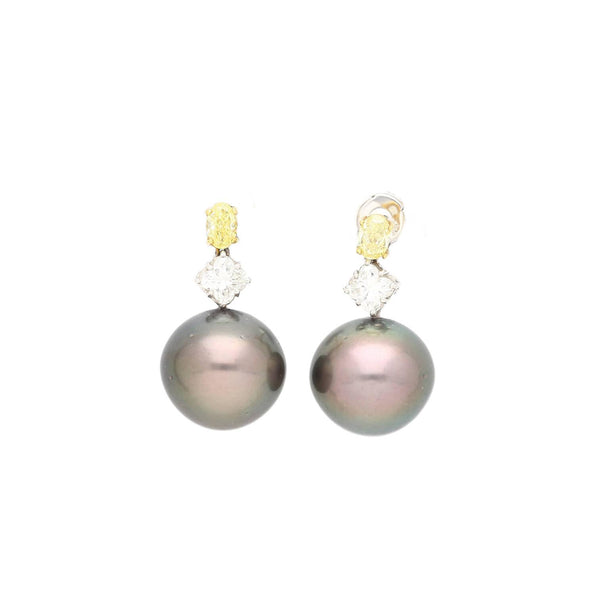 Black Pearl with Fancy Yellow & White Lily Cut Diamond Drop Earrings