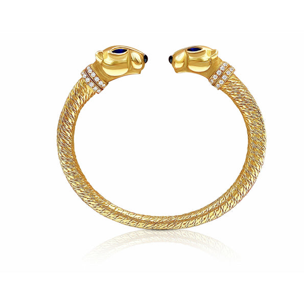 Cartier Signed 18k Gold Double Headed Panthere Bangle With Original Box/Papers