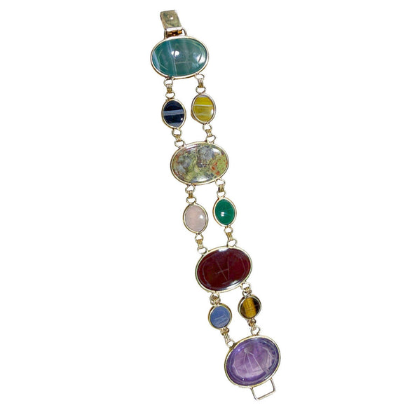 Carved Scarab Beetle 14K Gold Multicolor Hardstone Egyptian Revival Bracelet