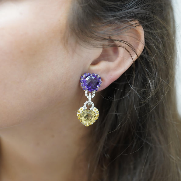 Citrine Amethyst Diamond Heart in 18K White Gold Necklace & Earring Set