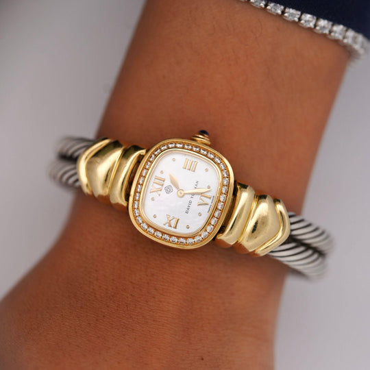 David Yurman Mother of Pearl Diamond Bezel 18K Gold Silver Vintage 1990s Watch