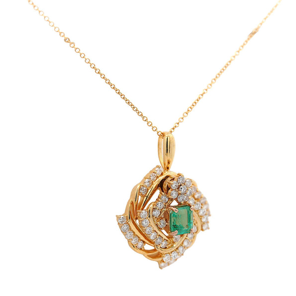 Emerald and Diamond 18K Gold Two Piece Halo Moving Pendant Necklace