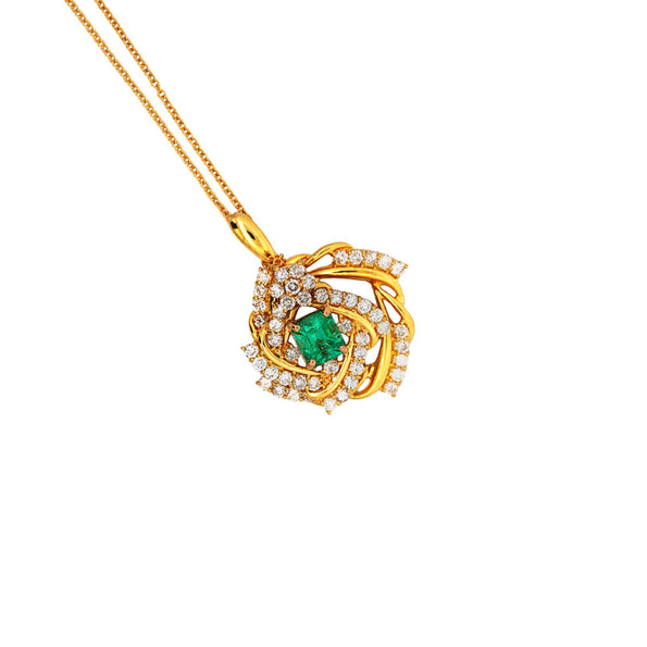 Emerald and Diamond 18K Gold Two Piece Halo Moving Pendant Necklace