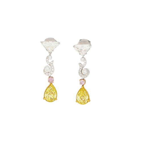 Fancy Vivid Yellow, Pink Diamond and GIA Diamond 18K Earrings