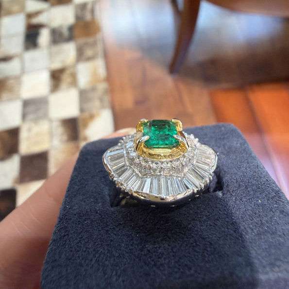 GIA 1.38 Carat Emerald Cut Colombian Emerald & Diamond Platinum Ballerina Ring