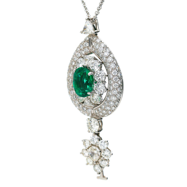 GIA 2.53 Carat No Oil Emerald & 5 Carat Diamond Platinum Drop Pendant