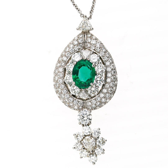GIA 2.53 Carat No Oil Emerald & 5 Carat Diamond Platinum Drop Pendant