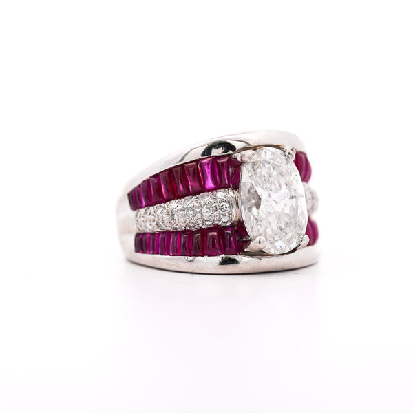GIA 4.43 Carat Oval G/I1 Diamond & Cabochon Ruby Platinum Vintage Ring