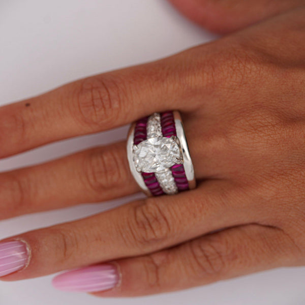 GIA 4.43 Carat Oval G/I1 Diamond & Cabochon Ruby Platinum Vintage Ring