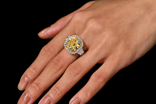 GIA Cert. 10.20 Carat Radiant Fancy Intense Yellow & Half Moon Cut Diamond Ring