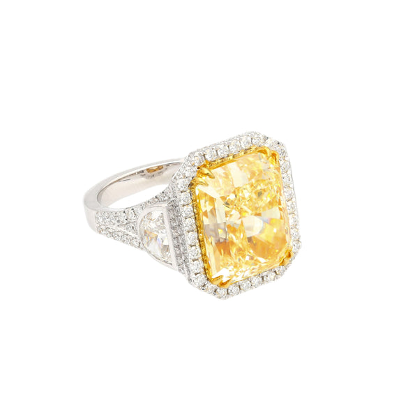 GIA Cert. 10.20 Carat Radiant Fancy Intense Yellow & Half Moon Cut Diamond Ring