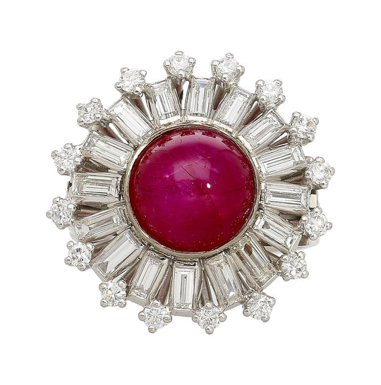 GIA Cert. 7.40 Carat Purplish Red Star Ruby & Diamond Art Deco Ballerina Ring