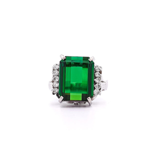 GIA Certified 11.22 Carat Green Tourmaline and Diamond Platinum Filigree Ring
