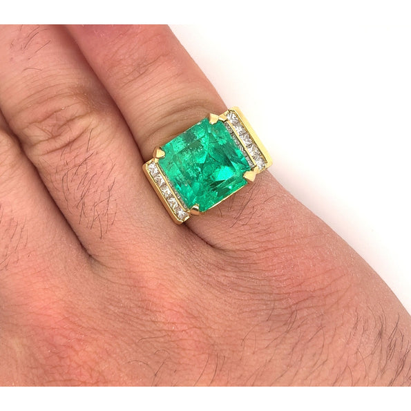 Bague homme certifiée GIA en or 18K avec émeraude colombienne de 13 carats et diamants taille princesse