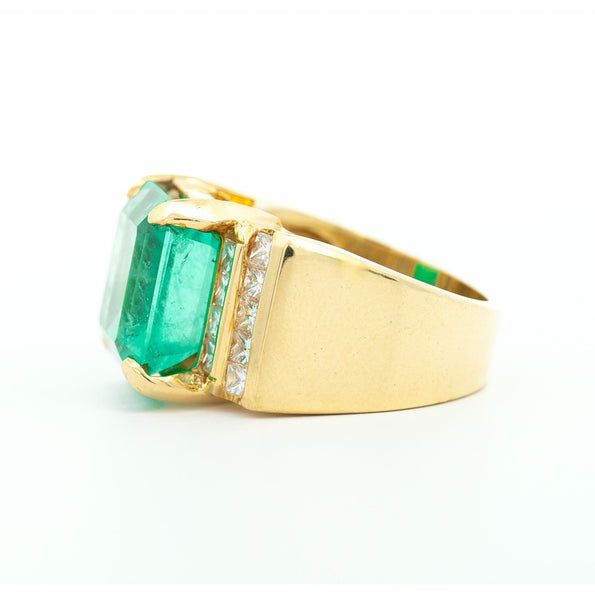 Bague homme certifiée GIA avec émeraude colombienne de 13 carats en or 18K et diamants taille princesse