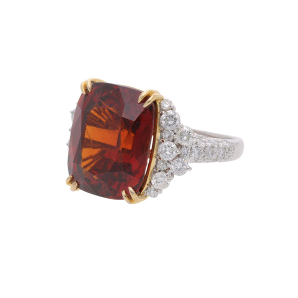 GIA Certified 13.75 Carat Hessonite Garnet & Diamond Platinum Cocktail Ring