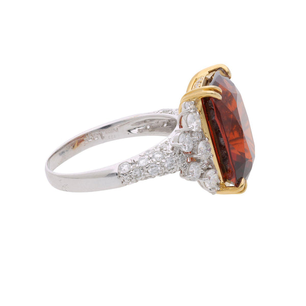 GIA Certified 13.75 Carat Hessonite Garnet & Diamond Platinum Cocktail Ring