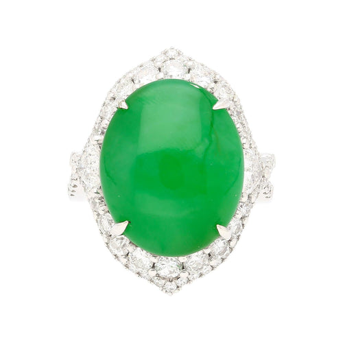 GIA Certified 14.68 Carat Grade A Jadeite Jade Ring with Diamond in 18K Gold