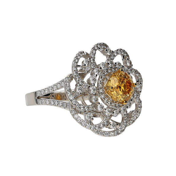 GIA Certified 1.22 Carat Fancy Intense Orange-Yellow Diamond Floral Halo Ring