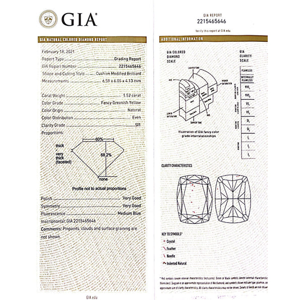 GIA Certified 1.52 Carat Fancy Greenish Yellow Diamond Briolette Snowflake Ring