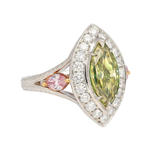 GIA Certified 1.92 carat Brownish Greenish Yellow Marquise Cut Diamond Ring