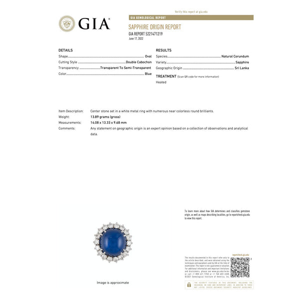 GIA Certified 25 Carat Cabochon Blue Sapphire & Diamond Halo Ring in Platinum