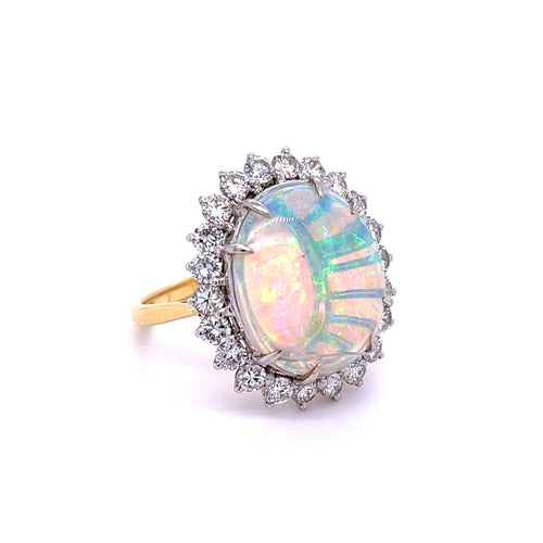 GIA Certified 4.09-carat White Opal and Diamond Halo in Platinum and Gold Ring