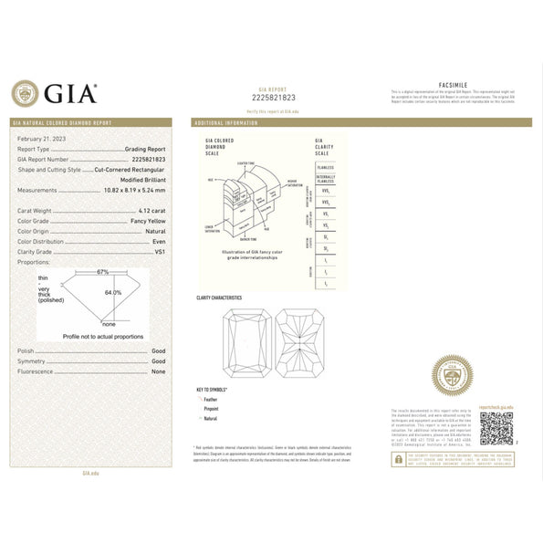 GIA Certified 4.12 Carat Fancy Yellow VS1 Radiant Cut Diamond Loose Stone