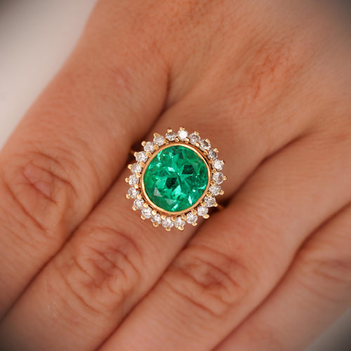 GIA Certified 4.3 Carat Colombian Emerald 18K Gold Button Sunburst Ring