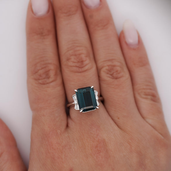 GIA Certified 4.58 Carat Emerald Cut Indicolite Tourmaline Diamond Platinum Ring