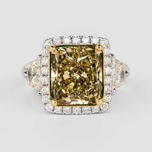 GIA Certified 6.07 Carat Radiant Cut Fancy Brownish Greenish Yellow Diamond Ring