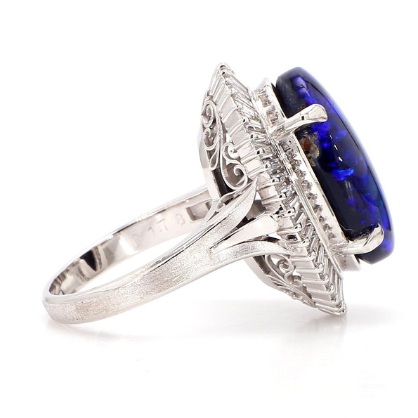 GIA Certified 8.69 Carat Cabochon Black Opal & Diamond in Platinum Cocktail Ring