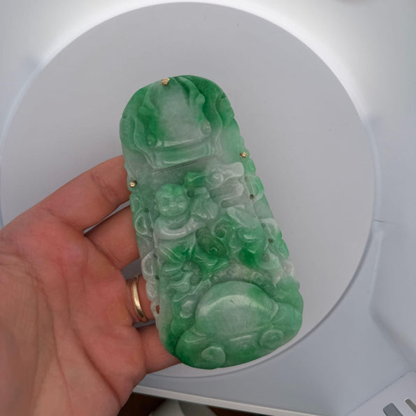 GIA Certified Large Carved Jadeite Jade Fei Cui Boy Turtle Yellow Gold Pendant