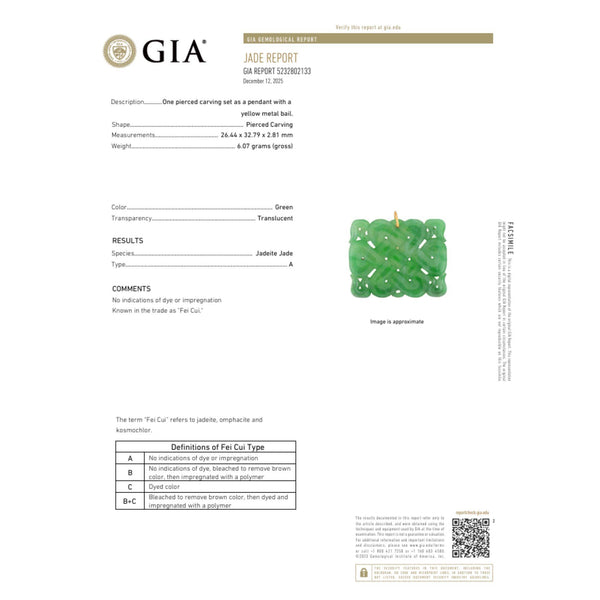 GIA Certified Type A Fei Cui Jadeite Jade Pierced Carving Yellow Gold Pendant