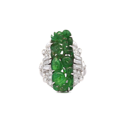 GIA Certified Vintage Carved Jadeite Jade & Diamond Statement Ring