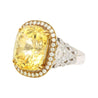 GIA Certified Vintage No Heat 17 Carat Cushion Yellow Sapphire & Diamond Halo Floral Filigree Cocktail Ring