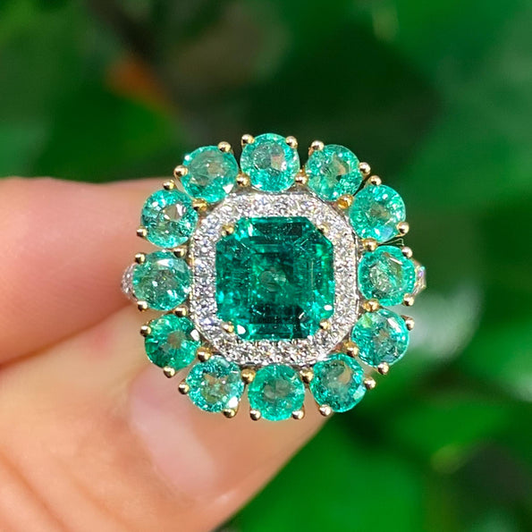 GRS Certified 4.93 Carat Emerald & Diamond 18K Gold Floral Cluster Cocktail Ring