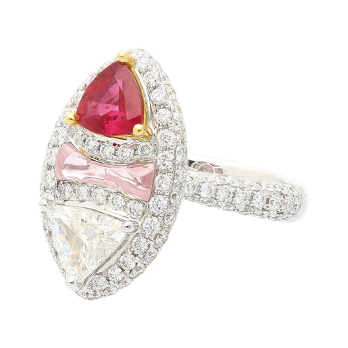 GRS Certified Trilliant Cut Burma Ruby and Diamond Long Oval Shaped Toi Et Moi Ring in 18K White Gold