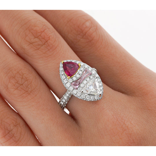 GRS Certified Trilliant Cut Burma Ruby and Diamond Long Oval Shaped Toi Et Moi Ring in 18K White Gold