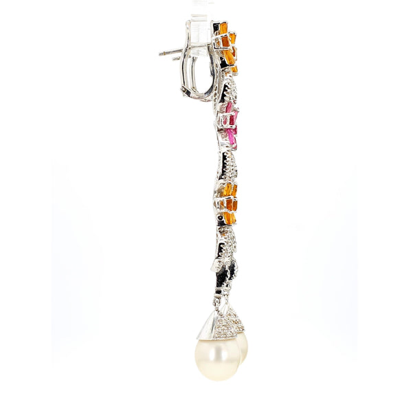 Greek 18K White Gold Diamond Pink Tourmaline Yellow Garnet Pearl Drop Earrings