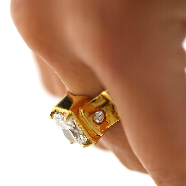 IGI 4.22 Carat Lab Cushion Diamond Misani 18K Gold Bark Texture Ring