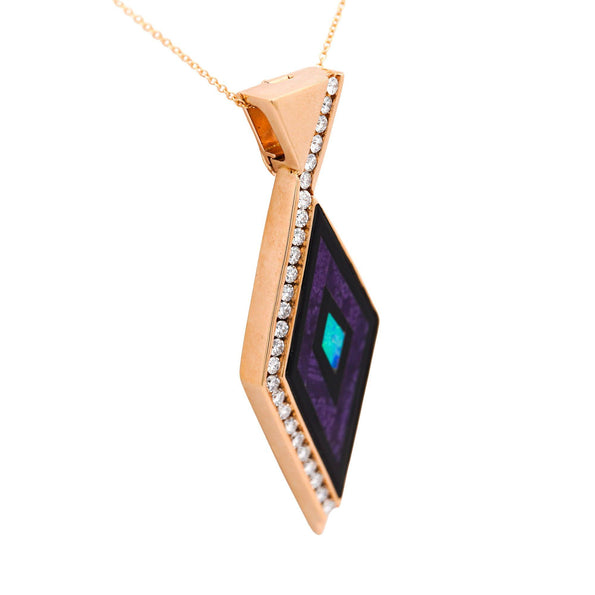 Intarsia Opal Malachite & Black Onyx with Diamond 14K Gold Pendant Necklace